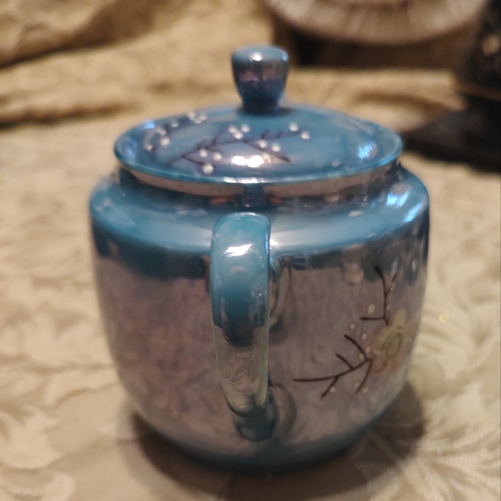 🔹⛩️🔹Gorgeous Antique 1940's Blue Lusterware Cherry Blossom Nippon Sugar Bowl - Picture 3 of 11